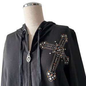 Christine Alexander Black Embellished Cross Zip Front Hoodie - Women's S